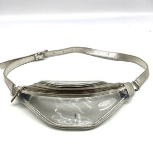 THACKER SILVER LEATHER PEEKABOO CLEAR ADJUSTABLE WAIST FANNY PACK BELT BAG